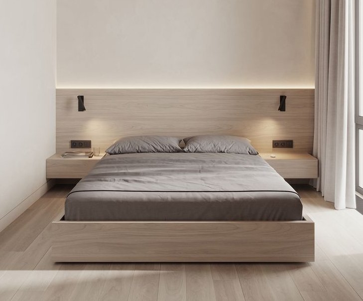 Dormitorio minimalista con respaldo y mesas de luz integradas
