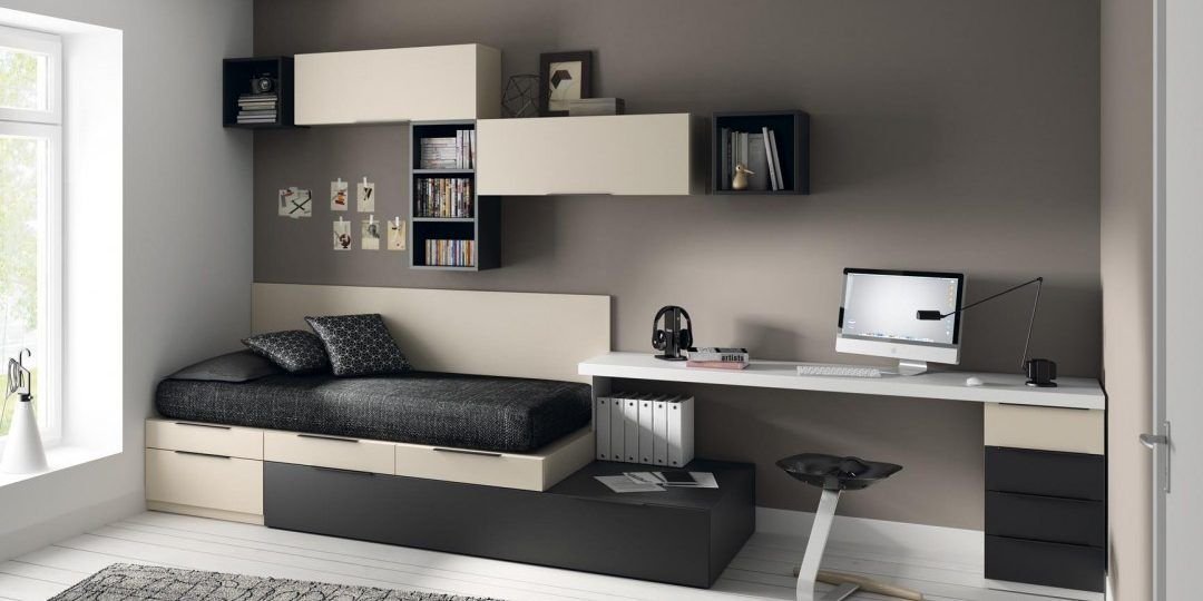 Dormitorio juvenil moderno con cama y escritorio de pared