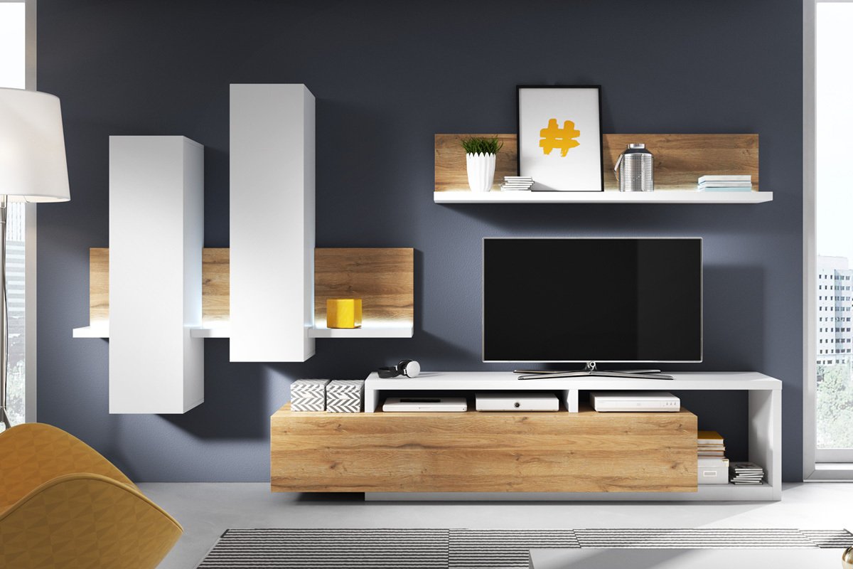 Rack flotante para TV en blanco y madera con módulos verticales