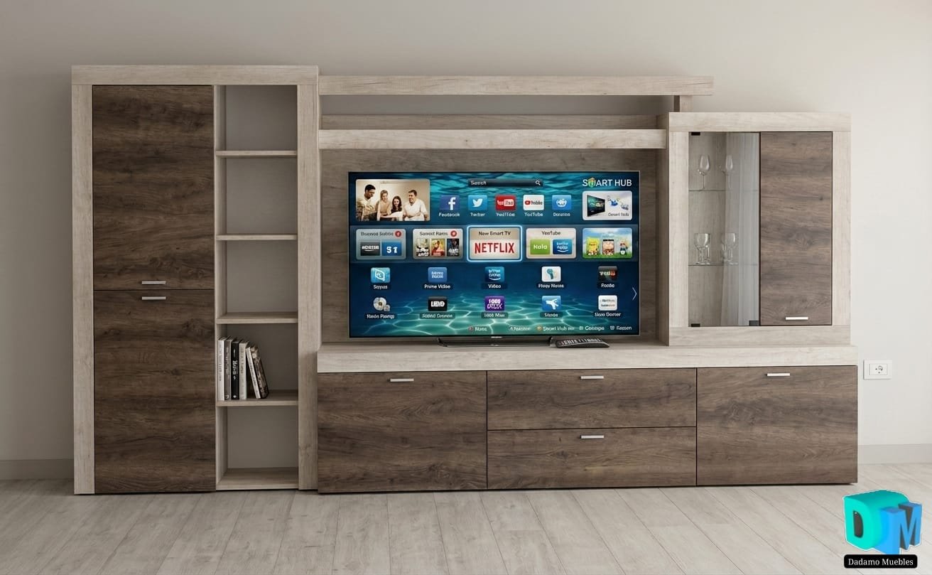 Rack para TV en madera con biblioteca y módulos de guardado