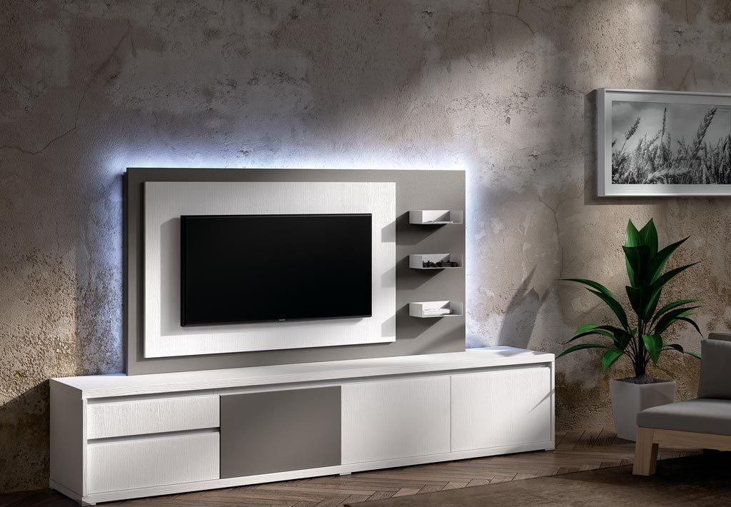 Rack moderno para TV con panel iluminado y cajoneras blancas